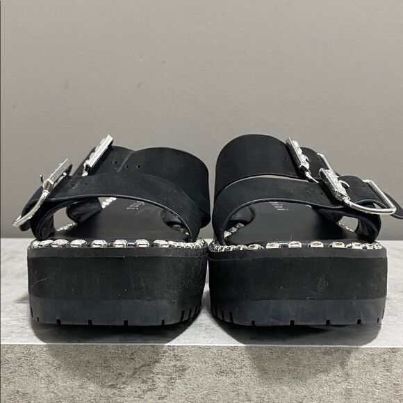 Gianni Bini Black Leather Rhinestone Buckle Sandals - Picture 6 of 14